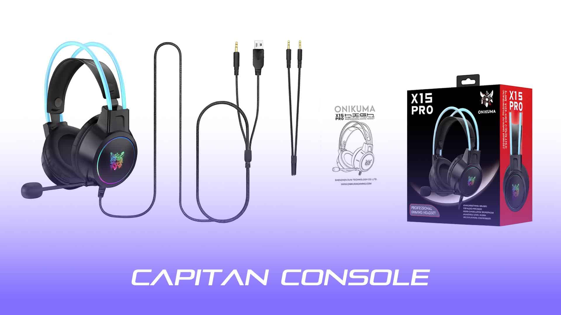 هدست Onikuma X15 Pro با کابل‌های ۳.۵ میلی‌متری و USB، دفترچه راهنما و جعبه بسته‌بندی 