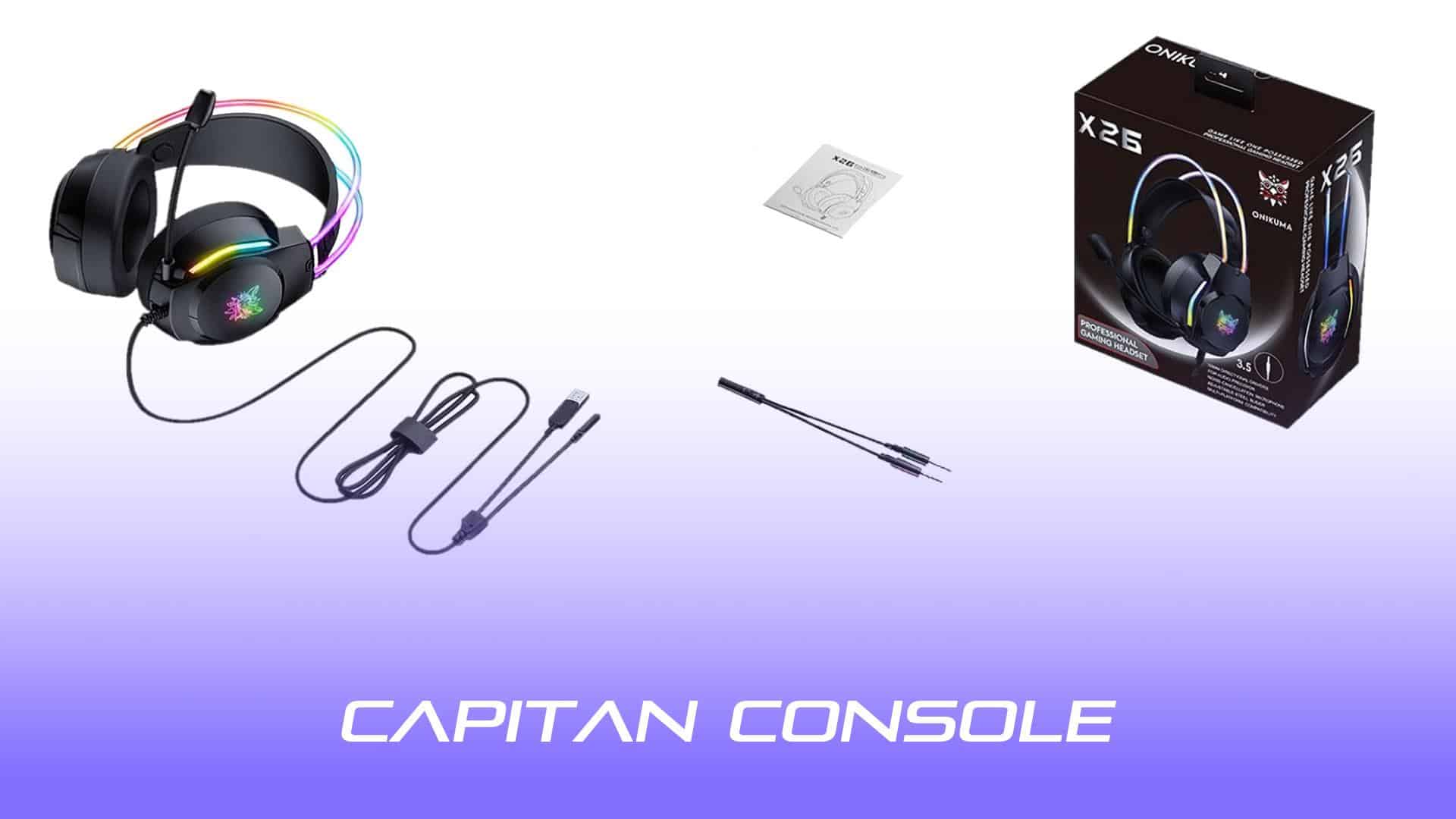 هدست Onikuma X26 با کابلهای ۳.۵ میلیمتری و USB، دفترچه راهنما و جعبه بستهبندی